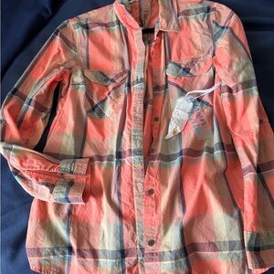 Plaid Button-Up Blouse - Coral and Blue